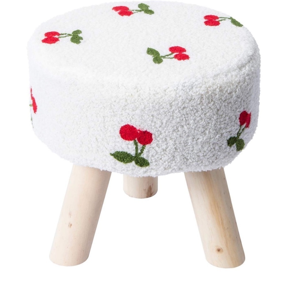 White Sherpa Stool with Cherry Design NWT